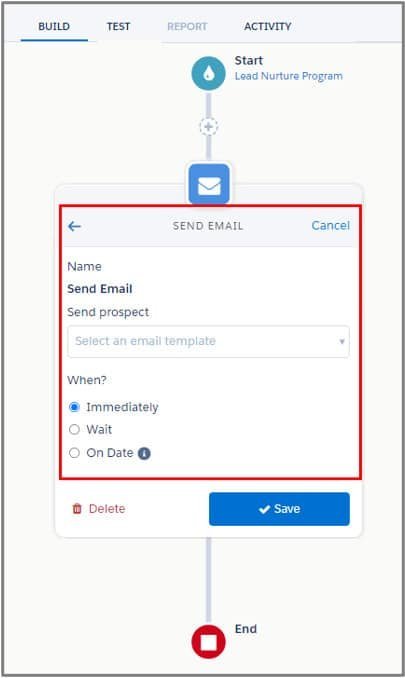 Pardot Engagement Studio Action - "Send Email" in a flow.