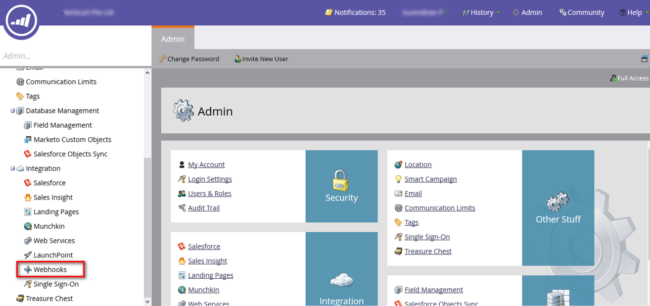 Navigation to webhooks in Marketo Admin page